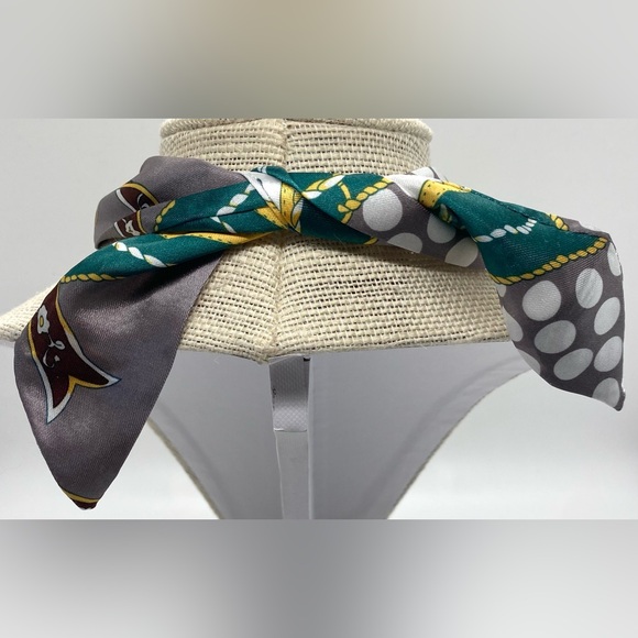 Green/Gray/White Mod Pattern Satin Scarf Necklace w/ Silver Charms Preppy - Picture 4 of 9